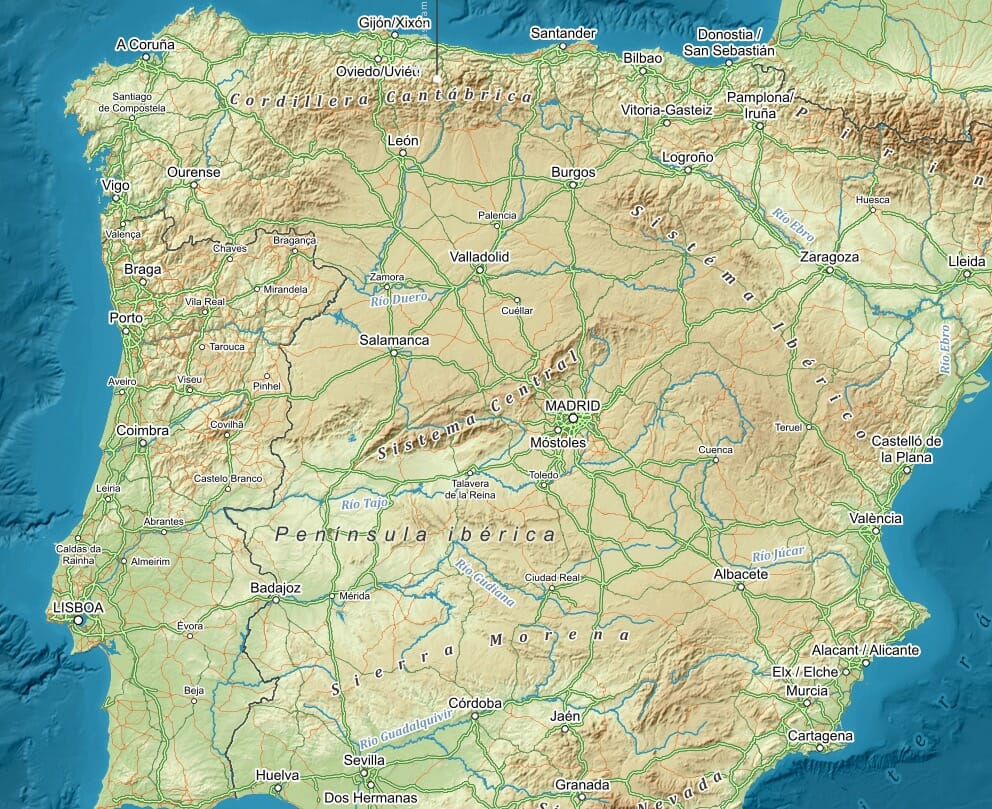 mapa fisico de espana mediterraneo asturias